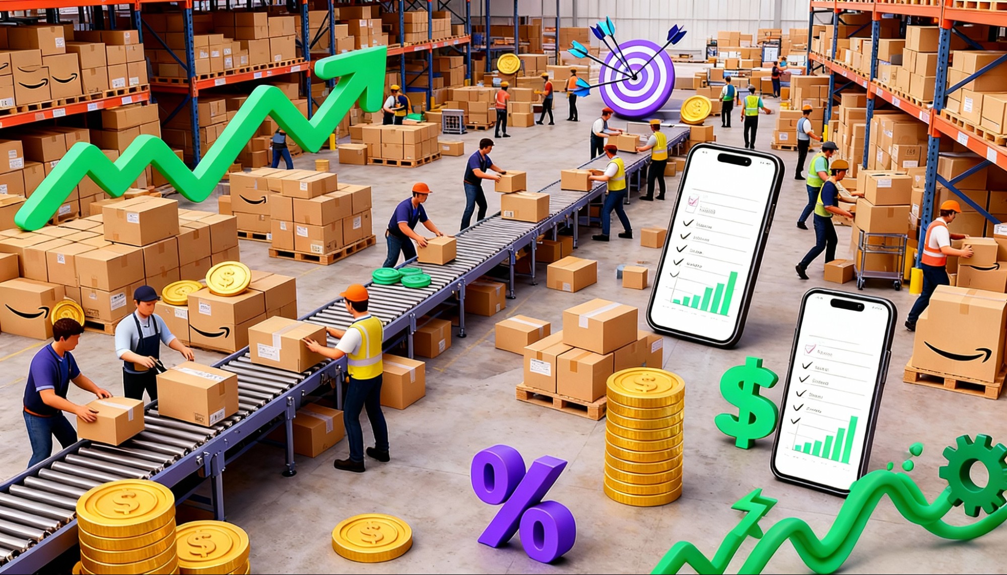 A chaotic Amazon warehouse scene with stacks of boxes and workers rushing symbolizing Prime Day logistics overload.